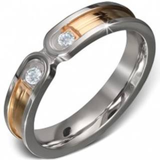 Oceľový prsteň - pruh zlatej farby s lemom striebornej farby, dva číre zirkóny - Veľkosť: 50 mm