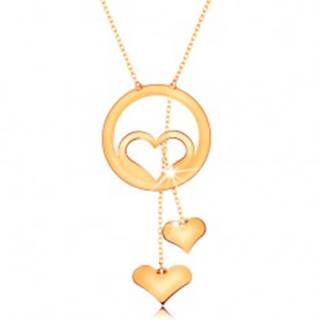 Zlatý náhrdelník 585 - kontúra srdca v obruči a dve visiace srdiečka na retiazkach