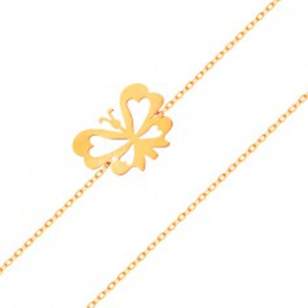 Šperky eshop Náramok v žltom 14K zlate - jemná retiazka, plochý motýlik s vyrezávanými krídlami