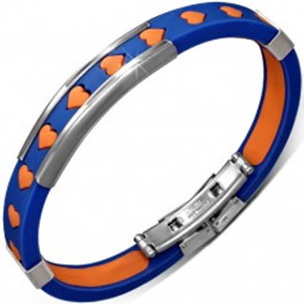 Šperky eshop Náramok z gumy - modrý s oranžovými srdiečkami a kovovými ozdobami