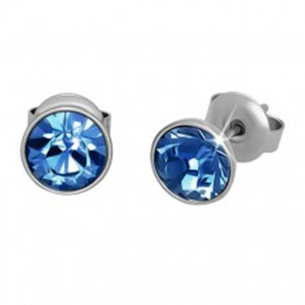 Šperky eshop Oceľové náušnice, strieborná farba, modrý okrúhly zirkón, puzetky, 7 mm