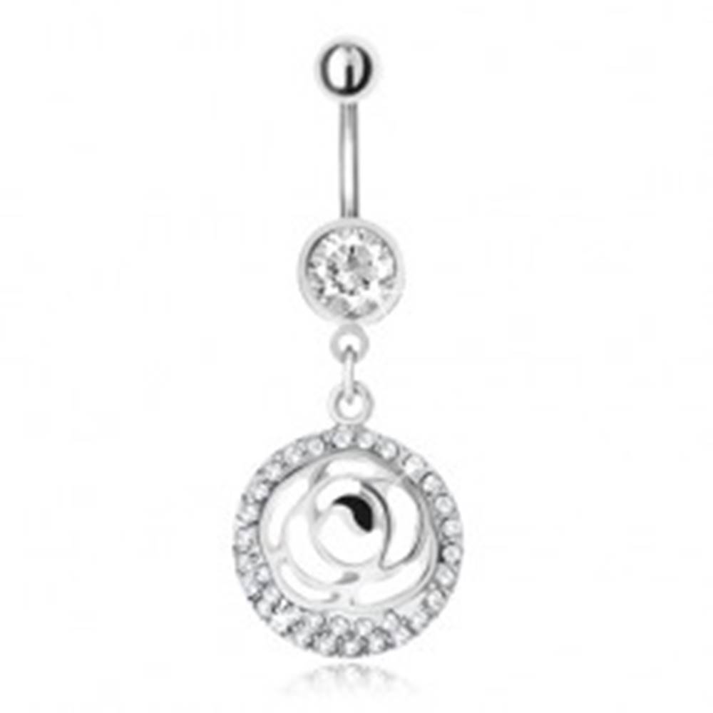 Šperky eshop Oceľový piercing do pupka, zirkónový kruh a vyrezávaný kvet