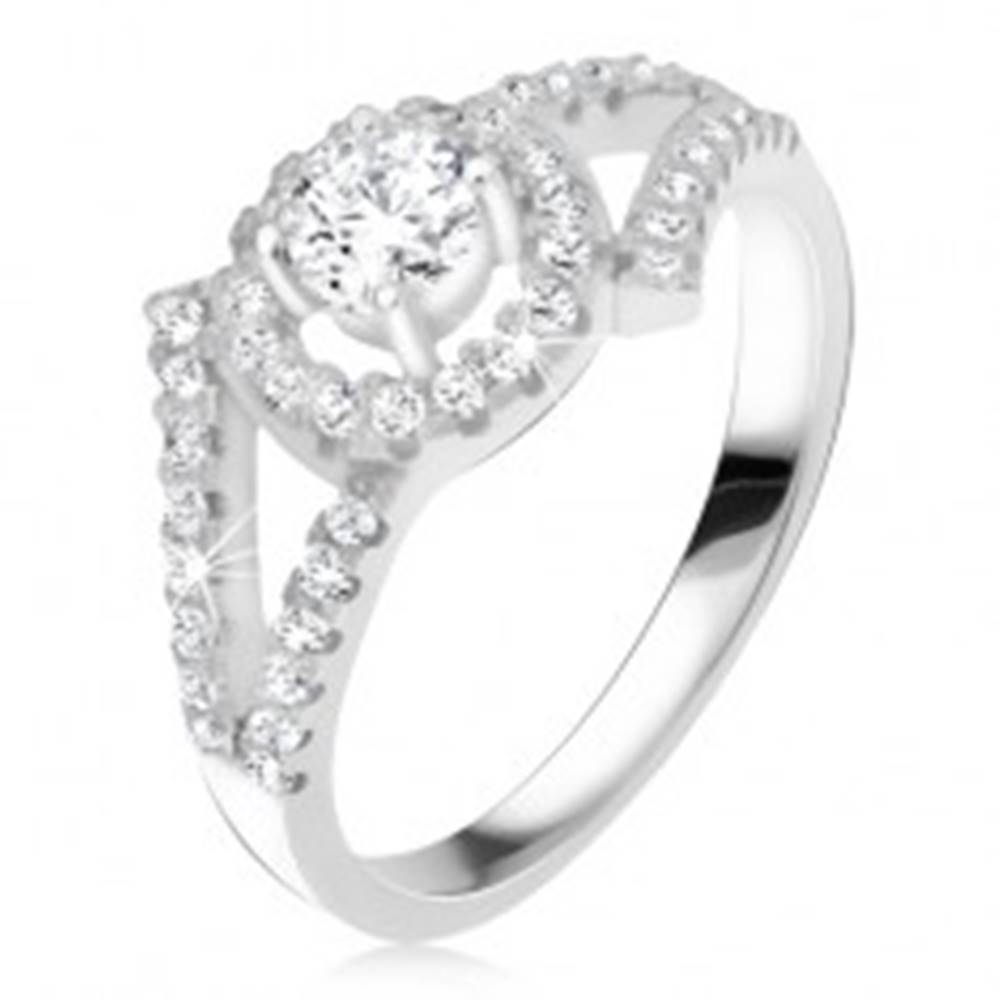 Šperky eshop Strieborný 925 prsteň, rozvetvené ramená, okrúhly kameň s lemom - Veľkosť: 47 mm