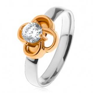 Oceľový prsteň v striebornom odtieni, kvietok zlatej farby s čírym zirkónom - Veľkosť: 49 mm