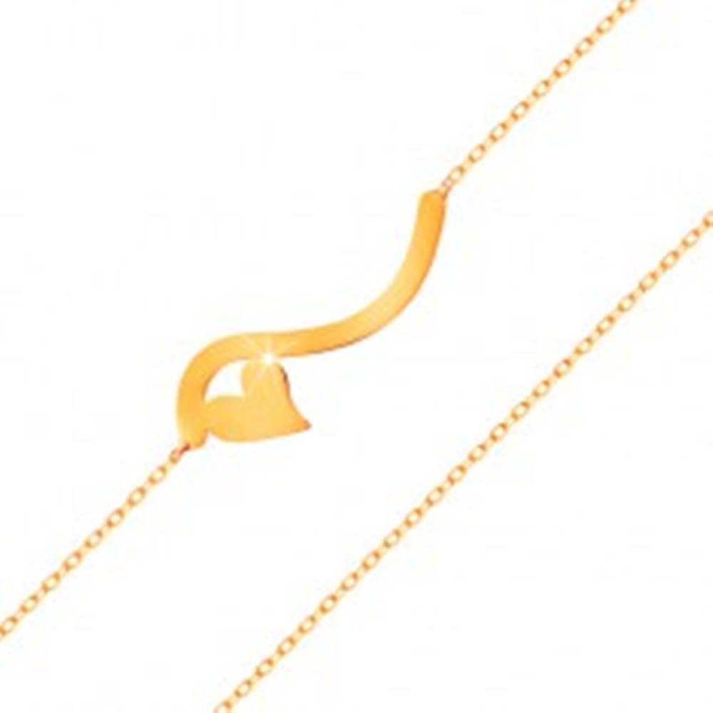 Šperky eshop Náramok v žltom 14K zlate - vlnka a malé symetrické srdiečko, jemná retiazka