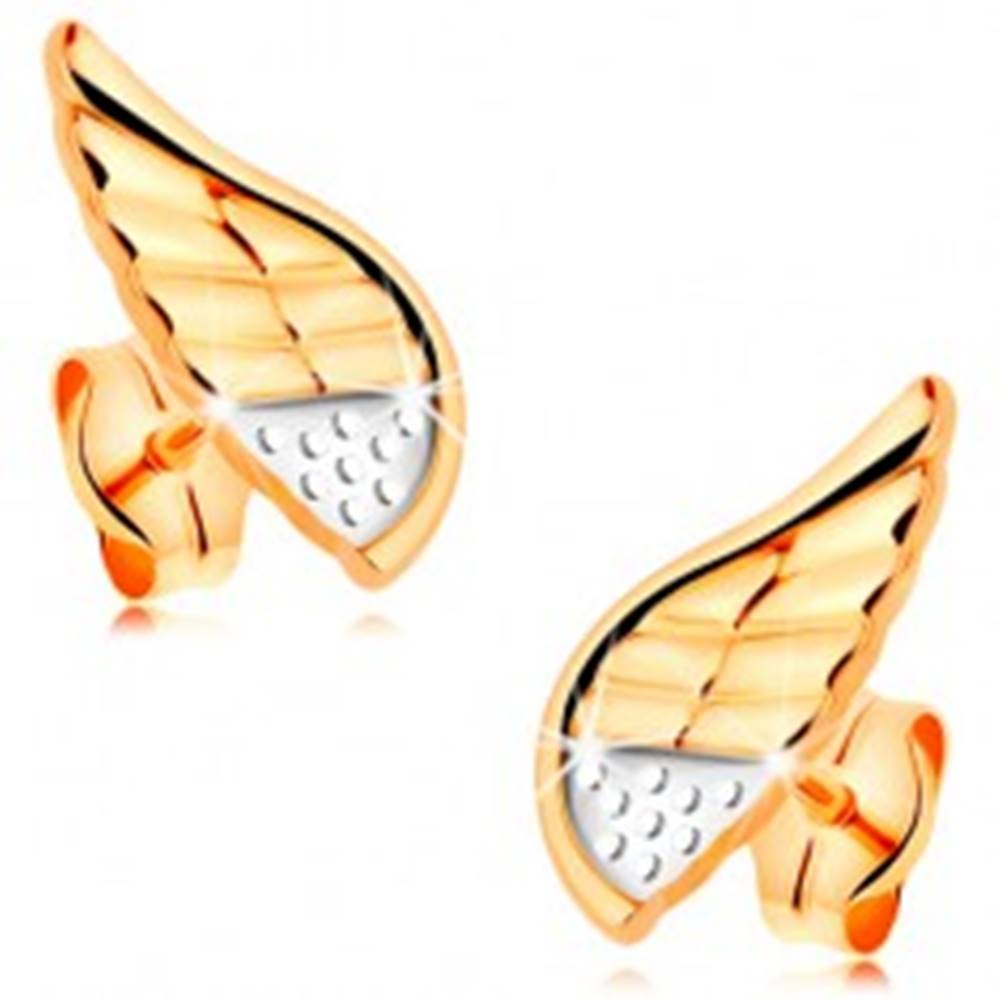 Šperky eshop Náušnice v kombinovanom 14K zlate - ligotavé anjelské krídlo s bodkami a zárezmi