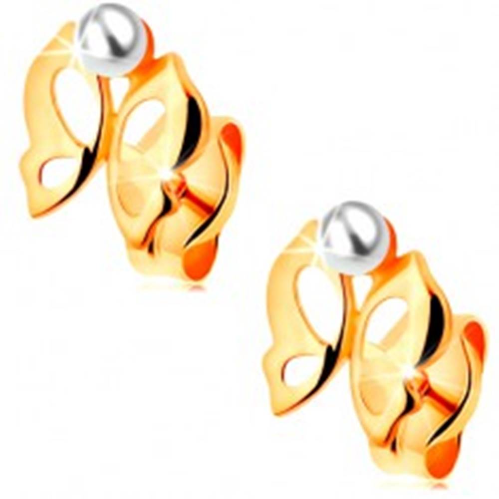 Šperky eshop Náušnice v žltom 14K zlate - lesklý vyrezávaný motýlik, perlička bielej farby