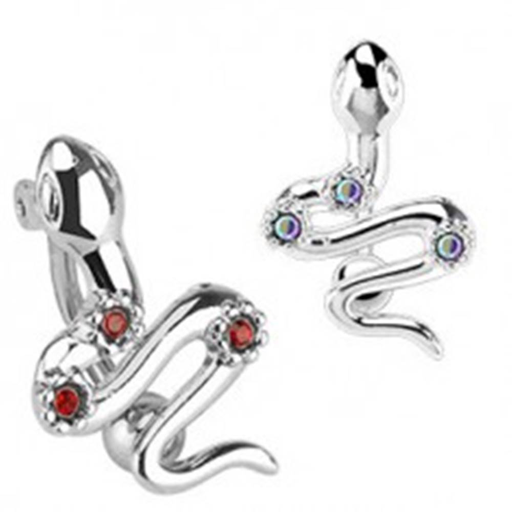 Šperky eshop Oceľový piercing do pupka - had s tromi farebnými zirkónmi - Farba zirkónu: Červená - R