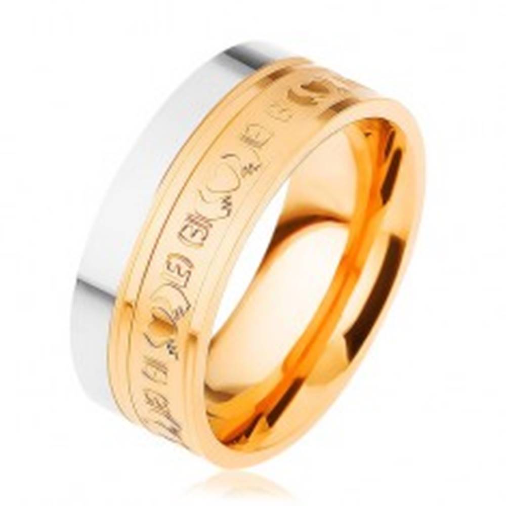 Šperky eshop Oceľový prsteň, dvojfarebný - strieborný a zlatý odtieň, ornamenty, 8 mm - Veľkosť: 54 mm