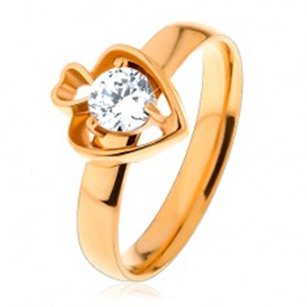 Šperky eshop Oceľový prsteň zlatej farby, dva obrysy sŕdc a okrúhly číry zirkón - Veľkosť: 49 mm