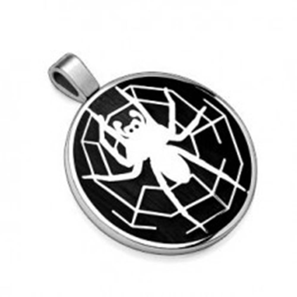 Šperky eshop Prívesok z ocele 316L, čierny kruh s motívom pavúka s pavučinou