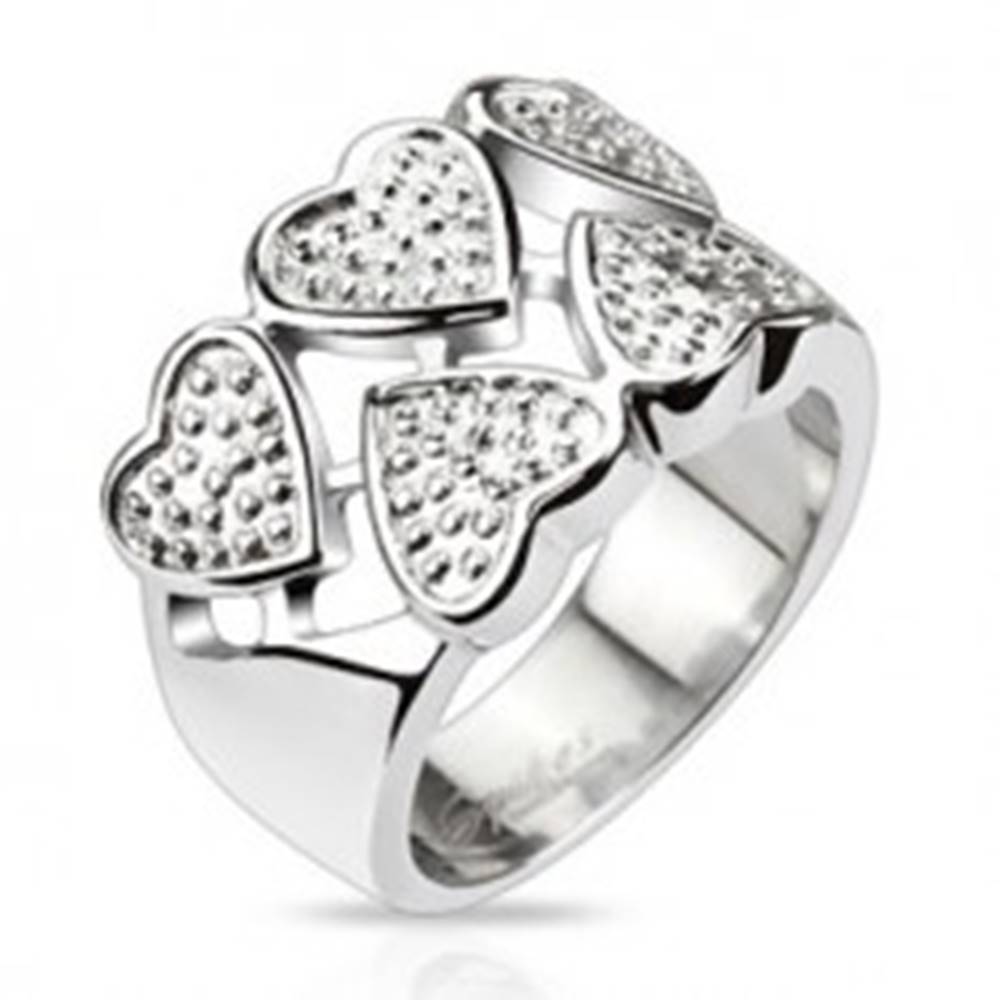 Šperky eshop Prsteň z chirurgickej ocele - striedavé srdcia striebornej farby s bodkami - Veľkosť: 49 mm