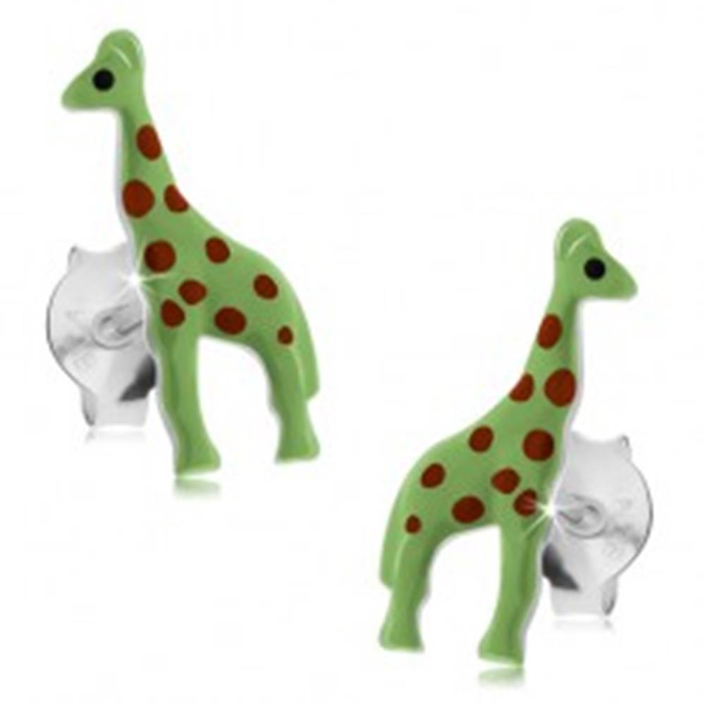 Šperky eshop Puzetové náušnice, striebro 925, neónovo zelená žirafka s červenými bodkami