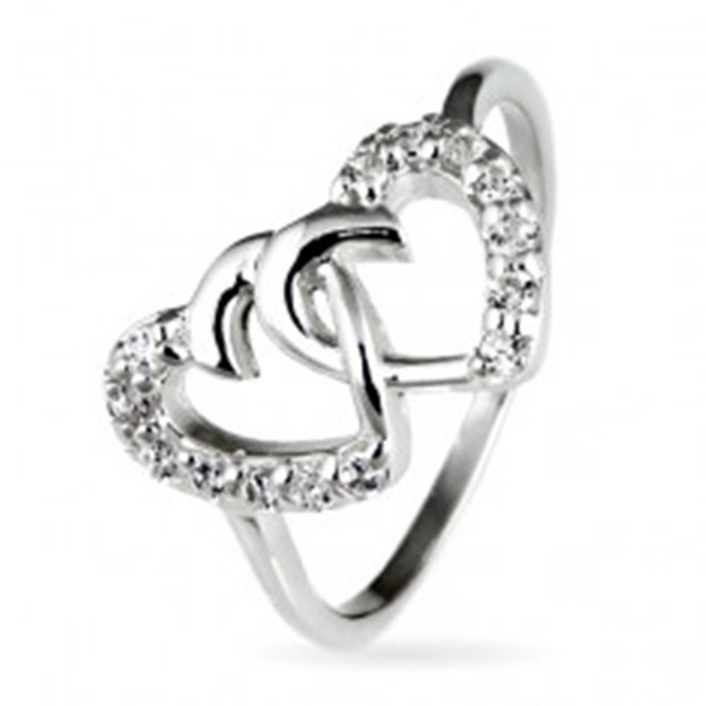 Šperky eshop Strieborný prsteň 925 - prepletené srdcia vykladané zirkónmi - Veľkosť: 49 mm