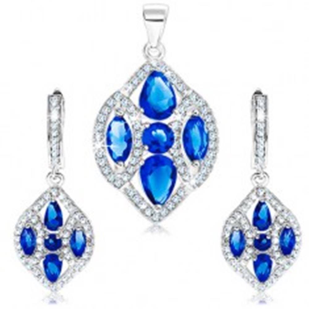 Šperky eshop Strieborný set 925 - náušnice a prívesok, zrnko s čírymi a modrými zirkónmi