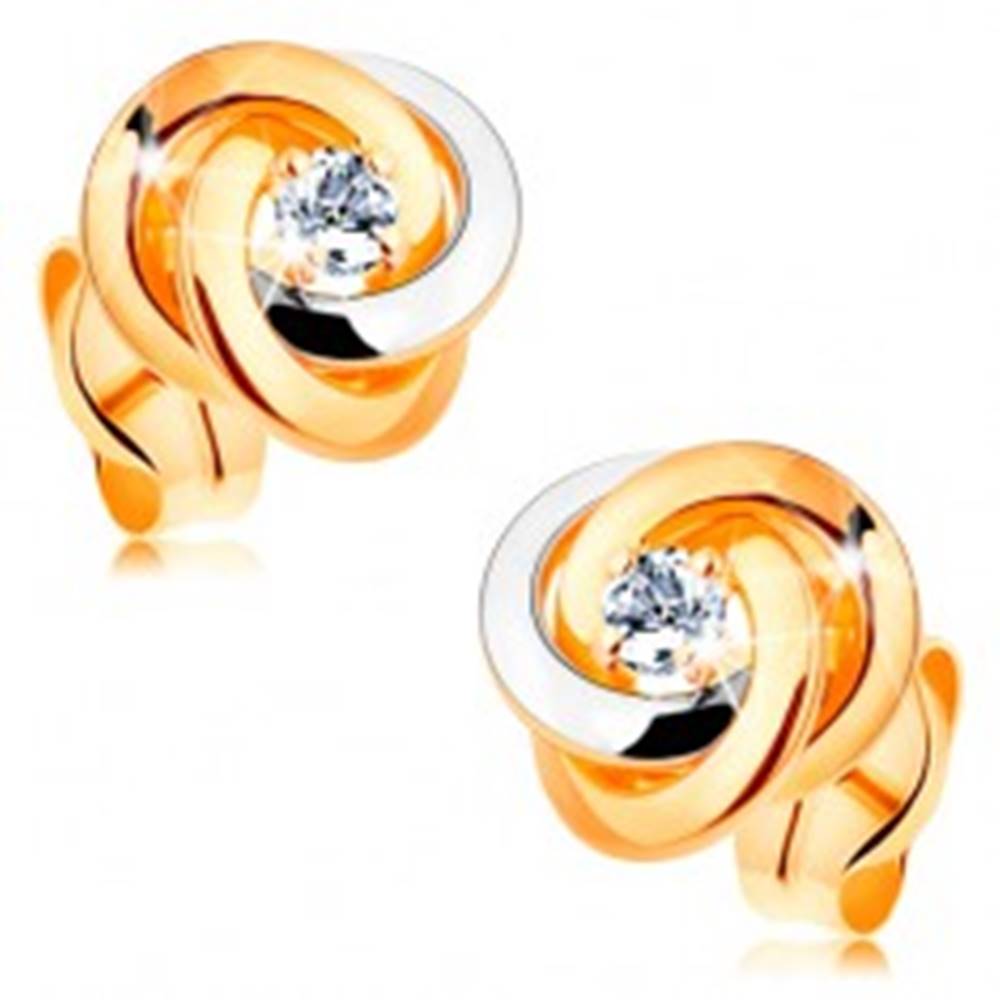 Šperky eshop Zlaté 14K náušnice - dvojfarebný uzol z troch obručí, okrúhly číry zirkón v strede