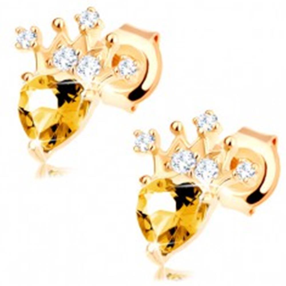 Šperky eshop Zlaté náušnice 375 - zirkónová korunka, svetložltý srdiečkový citrín