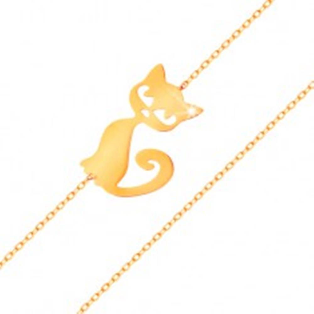 Šperky eshop Zlatý náramok 585 - jemná ligotavá retiazka, plochý prívesok - mačička
