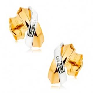 Dvojfarebné náušnice z 9K zlata - prelínajúce sa oblúky, pás drobných zirkónov