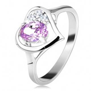 Lesklý prsteň v striebornej farbe s obrysom srdca, svetlofialový oválny zirkón - Veľkosť: 49 mm