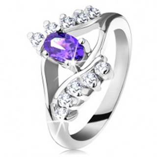 Lesklý prsteň v striebornom odtieni s fialovým oválnym zirkónom, číra línia - Veľkosť: 49 mm