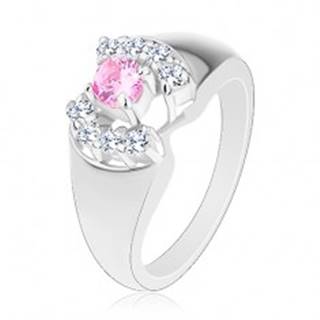 Prsteň so zaoblenými ramenami, okrúhly zirkón v ružovej farbe, číre oblúčiky - Veľkosť: 52 mm
