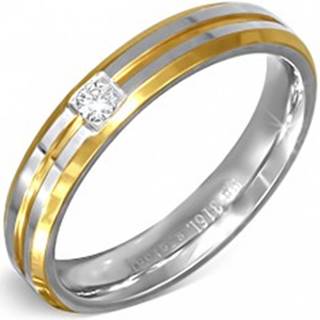Prsteň strieborno-zlatej farby z ocele s malým čírym zirkónom - Veľkosť: 49 mm
