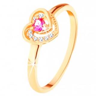 Zlatý prsteň 585 - ružové zirkónové srdiečko v dvojitom obryse - Veľkosť: 49 mm