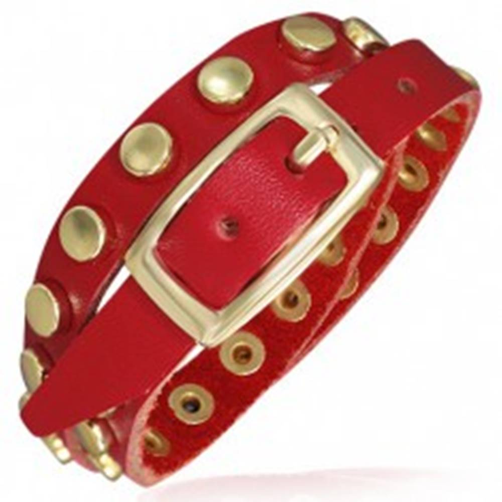 Šperky eshop Červený kožený náramok - pásik s nitmi zlatej farby
