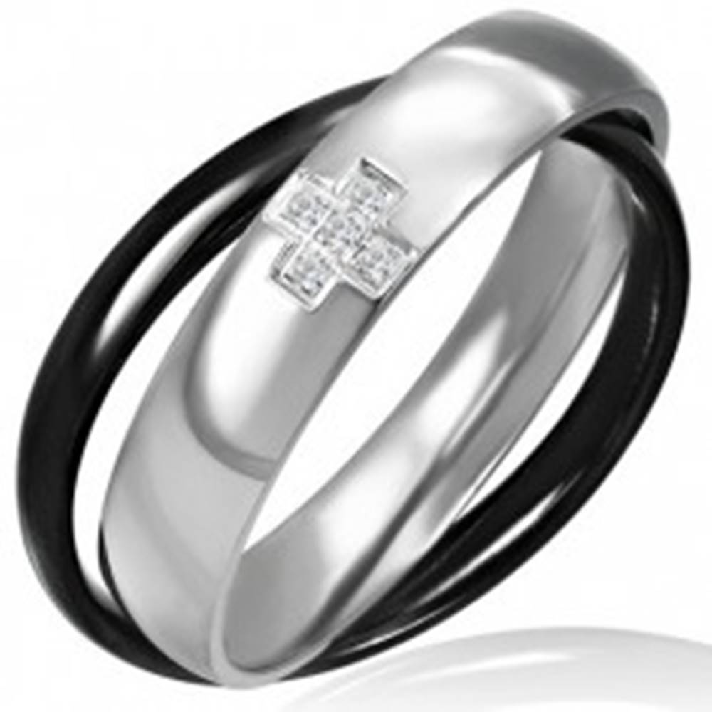 Šperky eshop Dvojprsteň z ocele - čiernej a striebornej farby, krížik - Veľkosť: 46 mm