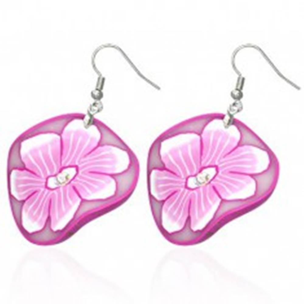 Šperky eshop FIMO náušnice - kruhy s kvetmi v bielej a ružovej farbe
