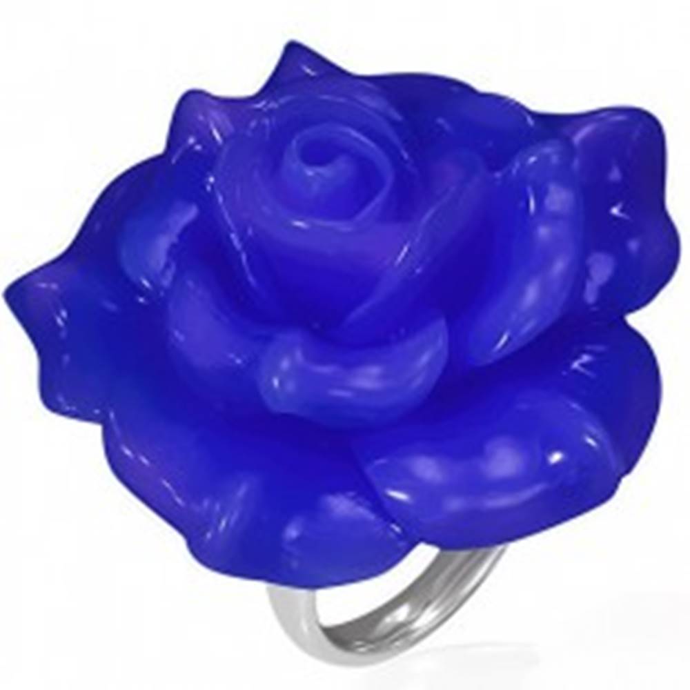 Šperky eshop Lesklý oceľový prsteň - modrá ruža zo živice - Veľkosť: 49 mm