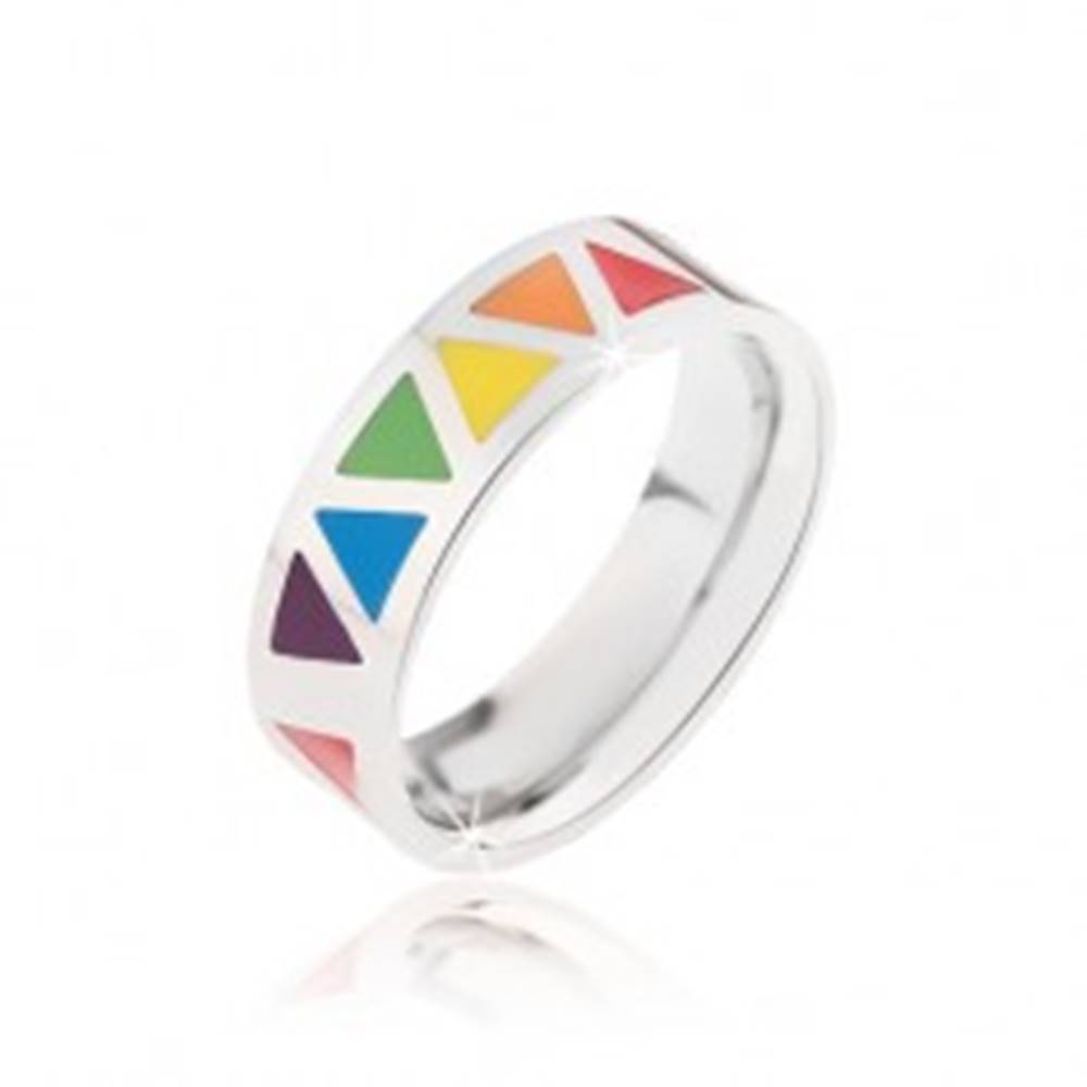 Šperky eshop Lesklý oceľový prsteň s farebnými trojuholníkmi - Veľkosť: 52 mm