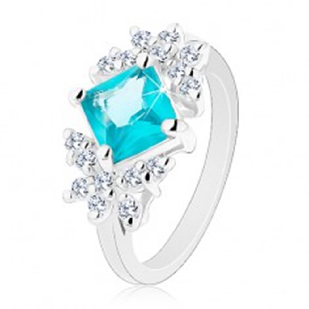 Šperky eshop Ligotavý prsteň, brúsený zirkónový štvorec akvamarínovej farby, číre motýle - Veľkosť: 49 mm