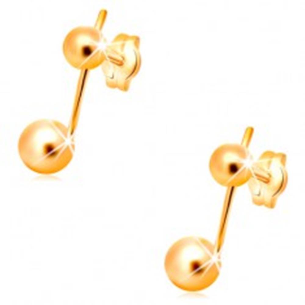 Šperky eshop Náušnice v žltom 14K zlate - dve guličky spojené úzkou paličkou
