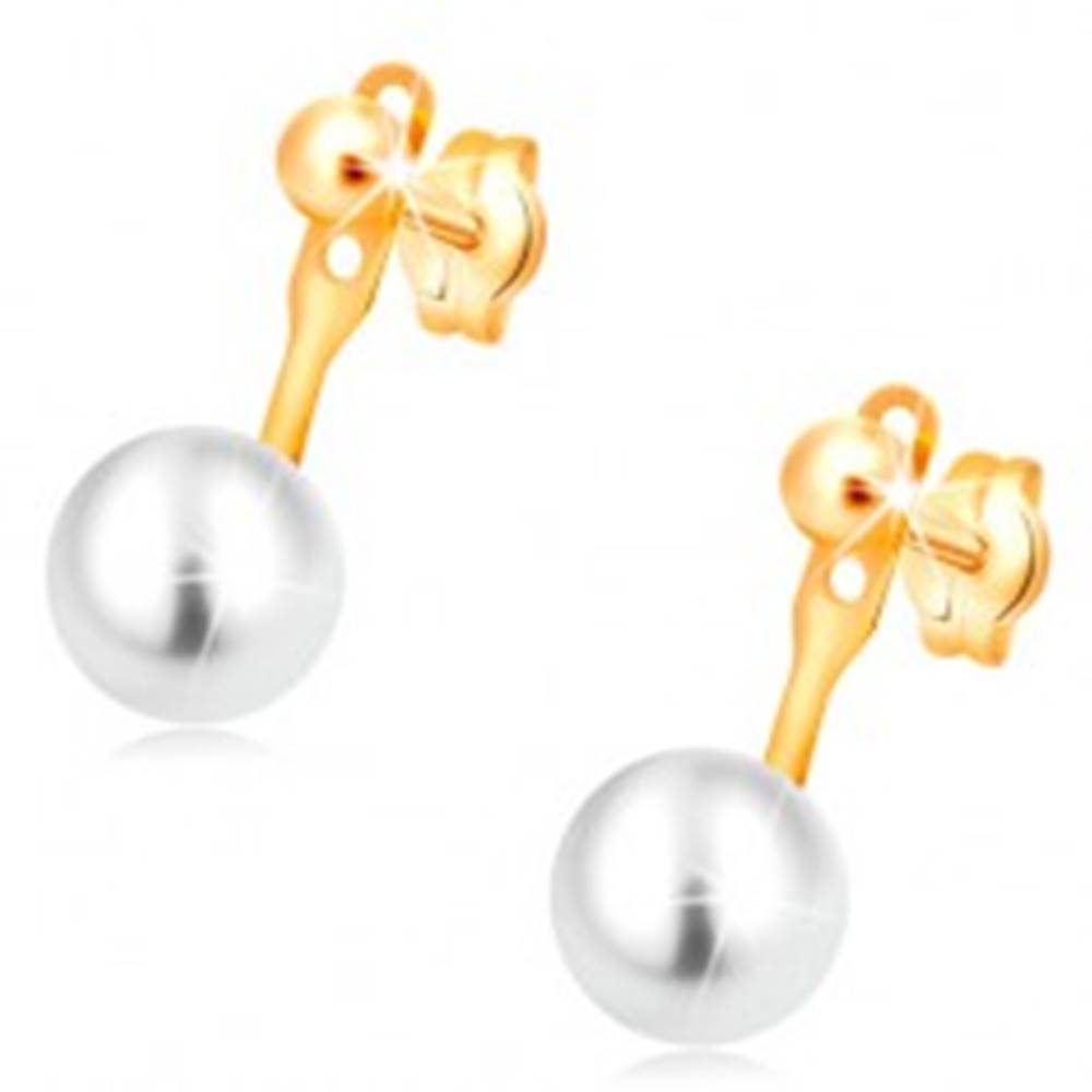 Šperky eshop Náušnice v žltom 14K zlate, lesklá hladká guľôčka a veľká biela perla