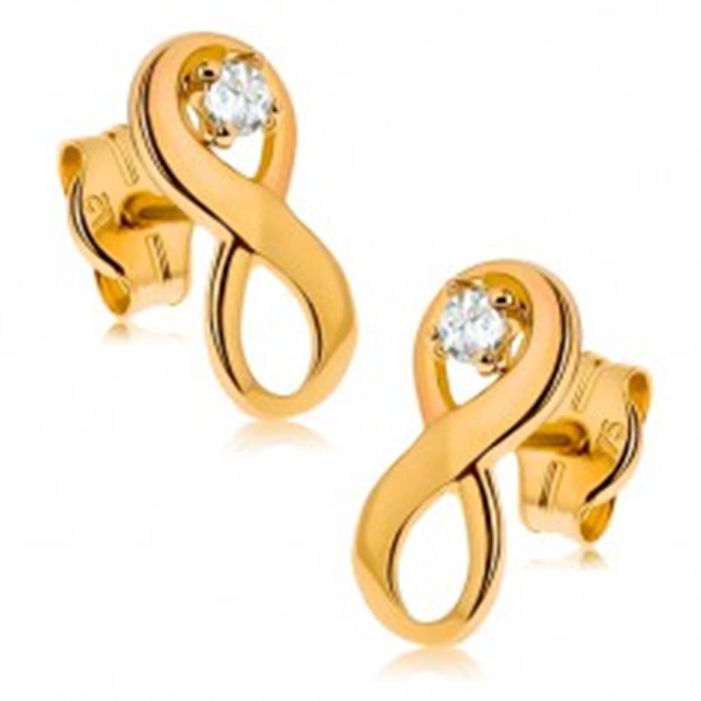 Šperky eshop Náušnice v žltom 9K zlate - symbol "INFINITY" zdobený čírym zirkónom