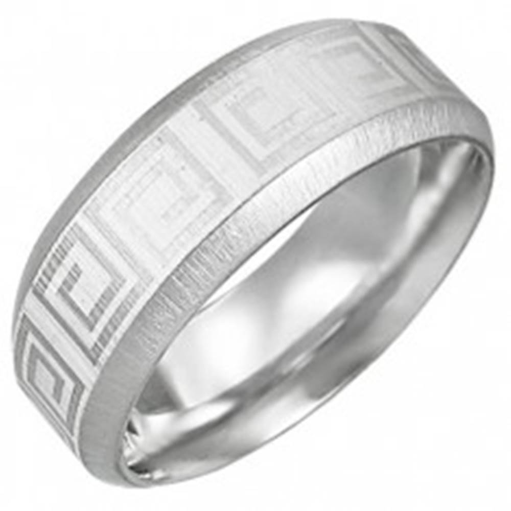 Šperky eshop Oceľový prsteň so vzorom gréckeho kľúča, skosené hrany - Veľkosť: 54 mm