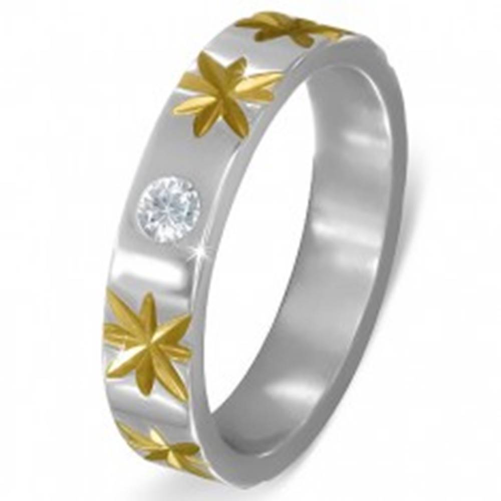Šperky eshop Oceľový prsteň striebornej farby s hviezdami zlatej farby a čírym zirkónom - Veľkosť: 51 mm