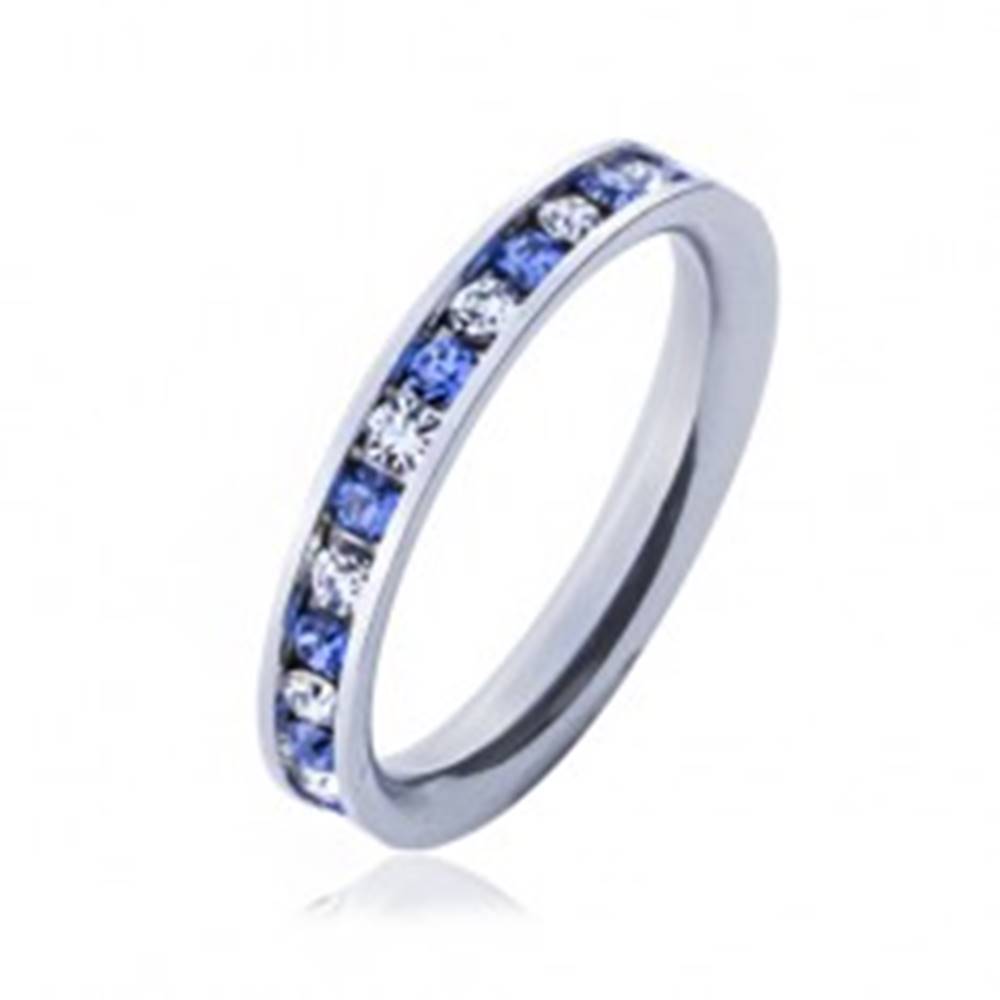 Šperky eshop Oceľový prsteň - svetlo-modré a číre kamienky - Veľkosť: 49 mm
