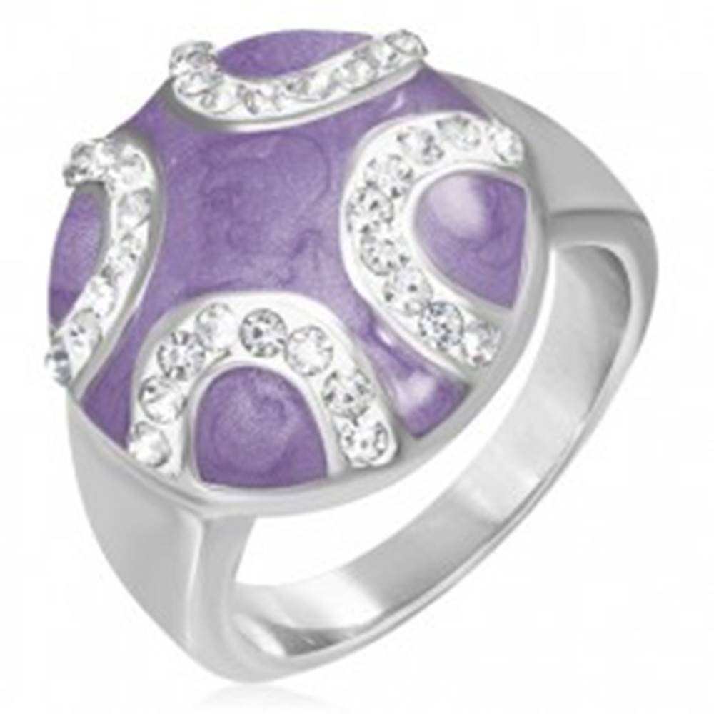 Šperky eshop Oceľový prsteň - vypuklý fialový kruh, zirkónové polmesiace - Veľkosť: 51 mm