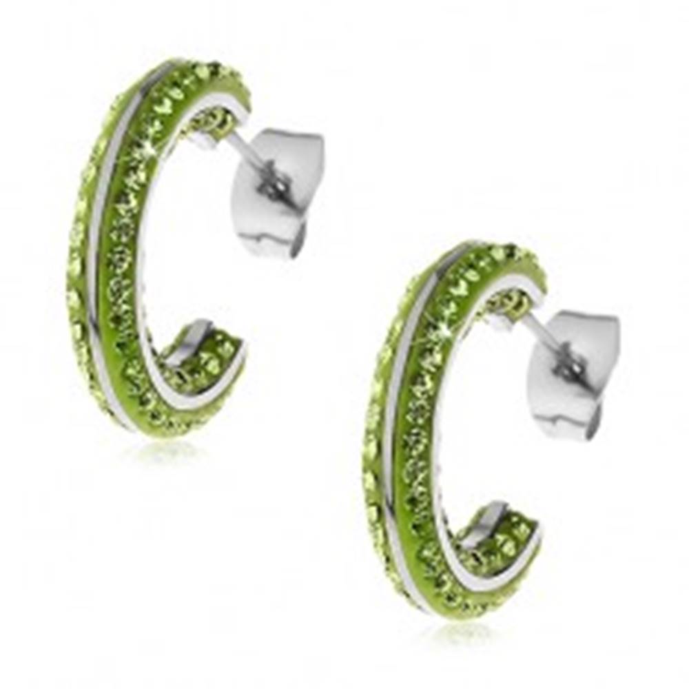 Šperky eshop Okrúhle oceľové náušnice - malé zelené zirkóny, lesklé línie striebornej farby