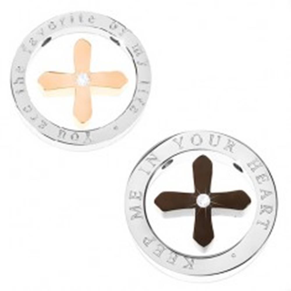 Šperky eshop Prívesok pre pár - čierny a medený kríž v obruči striebornej farby s nápisom