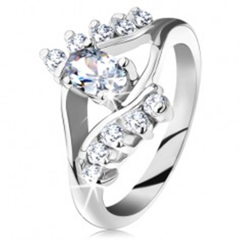 Šperky eshop Prsteň striebornej farby, rozdvojené ramená, oválny zirkón, číre zirkónové línie - Veľkosť: 49 mm
