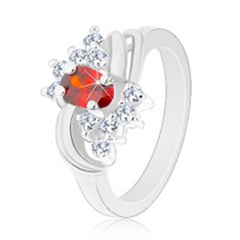 Šperky eshop Prsteň v striebornom odtieni, oranžový ovál, číre zirkóniky, lesklé oblúky - Veľkosť: 49 mm