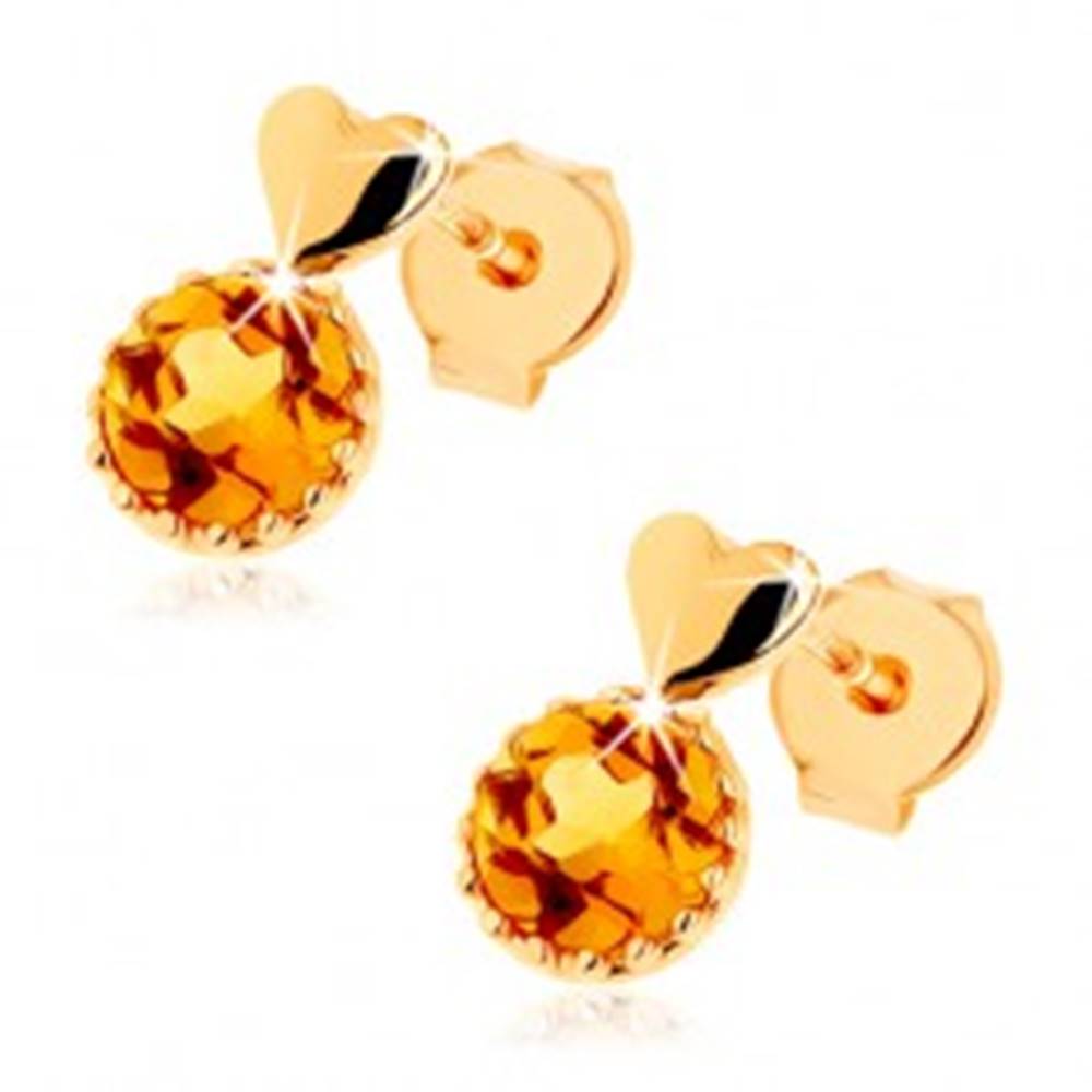 Šperky eshop Puzetové náušnice zo žltého 9K zlata - malé vypuklé srdce, okrúhly žltý citrín