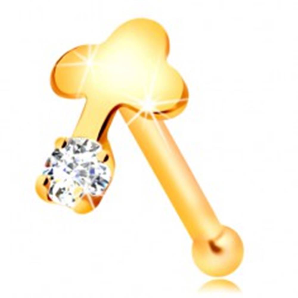 Šperky eshop Rovný piercing do nosa v žltom 14K zlate, číry zirkón a lesklý krížik