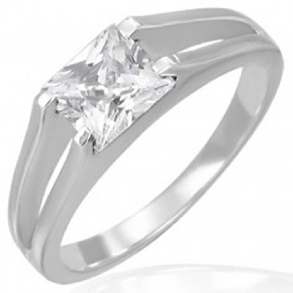 Šperky eshop Snubný prsteň - zirkón štvorcový v úchyte dvojitých liniek - Veľkosť: 49 mm