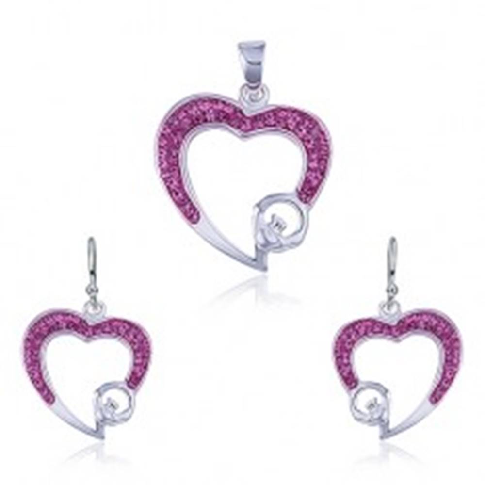 Šperky eshop Strieborný set 925 - prívesok a náušnice, ružový zirkónový obrys srdca
