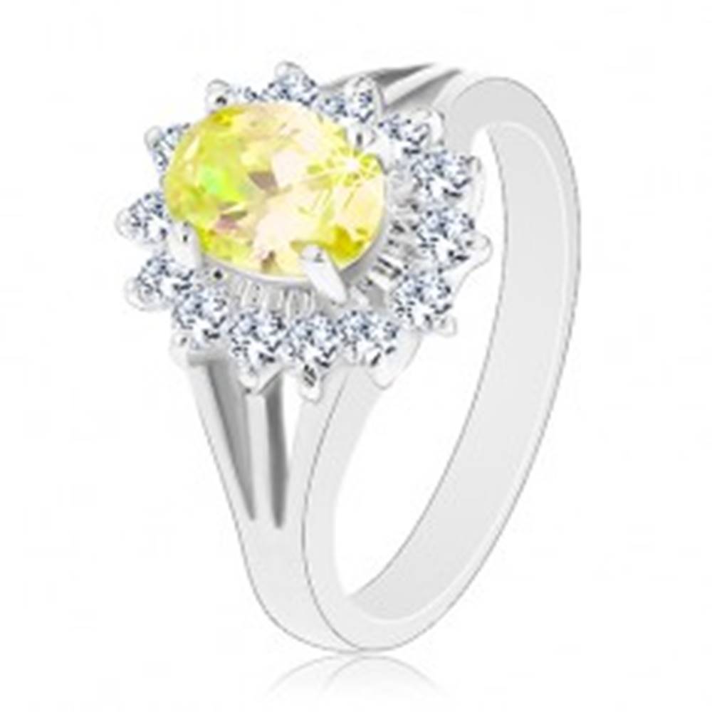 Šperky eshop Trblietavý prsteň s rozvetvenými ramenami, strieborná farba, žlto-číre zirkóny - Veľkosť: 50 mm
